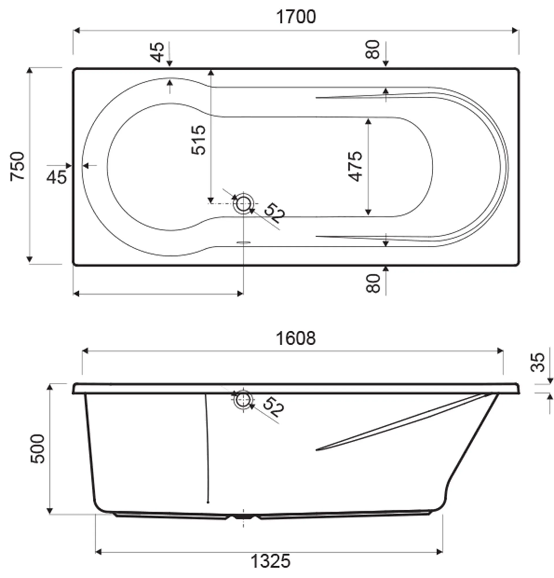 New Fontana links 170x75 cm, wit